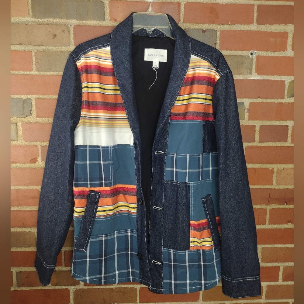 Sun + Stone Southwestern Indian Aztec Tribal Serape Patchwork Denim Shawl Jacket